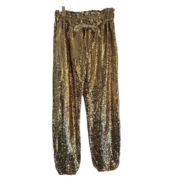 Sequin Jogger Pants Womens Large Gold Joggers Genie Pants Lined Elastic Waist - Picture 1 of 5